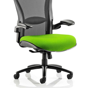 Showing the myrrh green coloured fabric cushioned dish seat dsign with black meshed back , Huston heavy task duty home office chair.