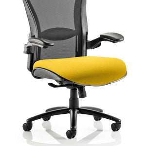 closem up of the senna yellow coloured fabric cushioned seat with black meshed backrest for the Huston heavy duty task home office chair.