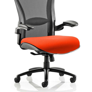 Close up of the tabasco orange colured fabric seat cushion of the Huston  heavy duty  task home  office chair.