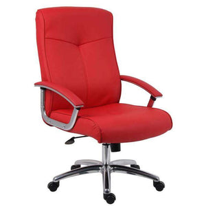 hoxton red leather faced executive home office chair. side viewing photo matching padded armrest brushed steel five star base. with tilt function 8 hour use a day rated 115kg.