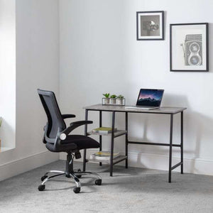 Picture showing of imola pivoting arms of the home office chair of how this would look in your home offfice, with a laptop and flowers on the desk with books on the shelves.