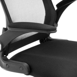 Close up of the  armrest and mesh backrest and padded csuhioned seat in black of the imola pivoting arms home office chair.