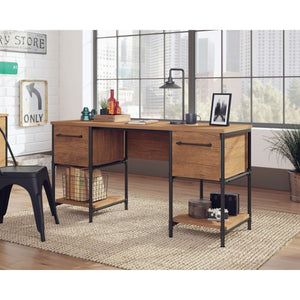 iron foundry double pedestal oak effect desk. full photo showing what the desk would look like in your  home office.