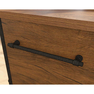 iron foundry double pedestal oak effect home office desk showing the draw with the metal pipe work for the drawer handle.