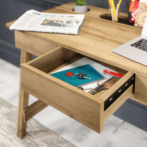 ithaca riviera oak effect home office desk, showing the  small draw open for your stationery items.