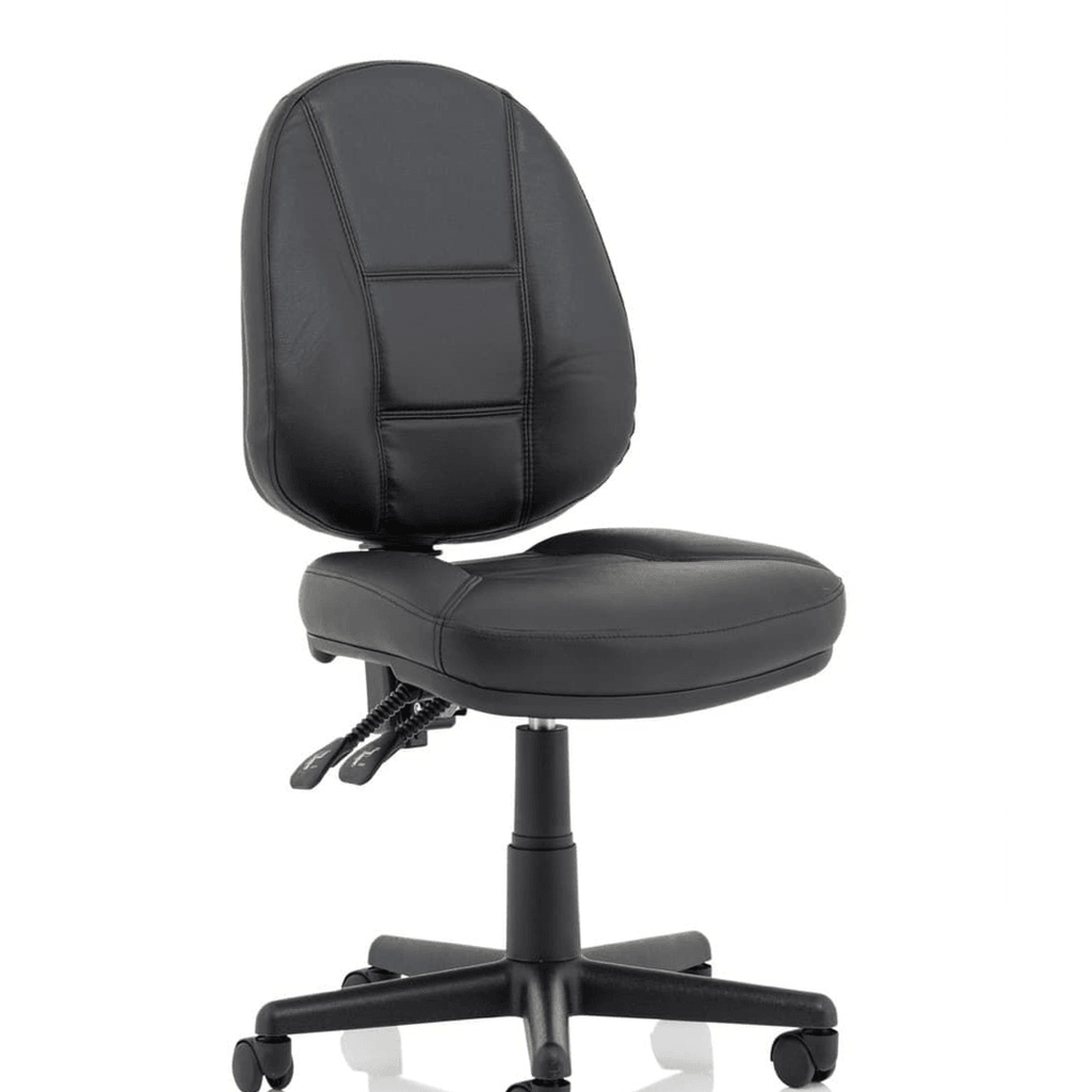 Showing the jackson executive chair without arms cushioned backrest and cushioned seat with 5 star base with castor wheels.