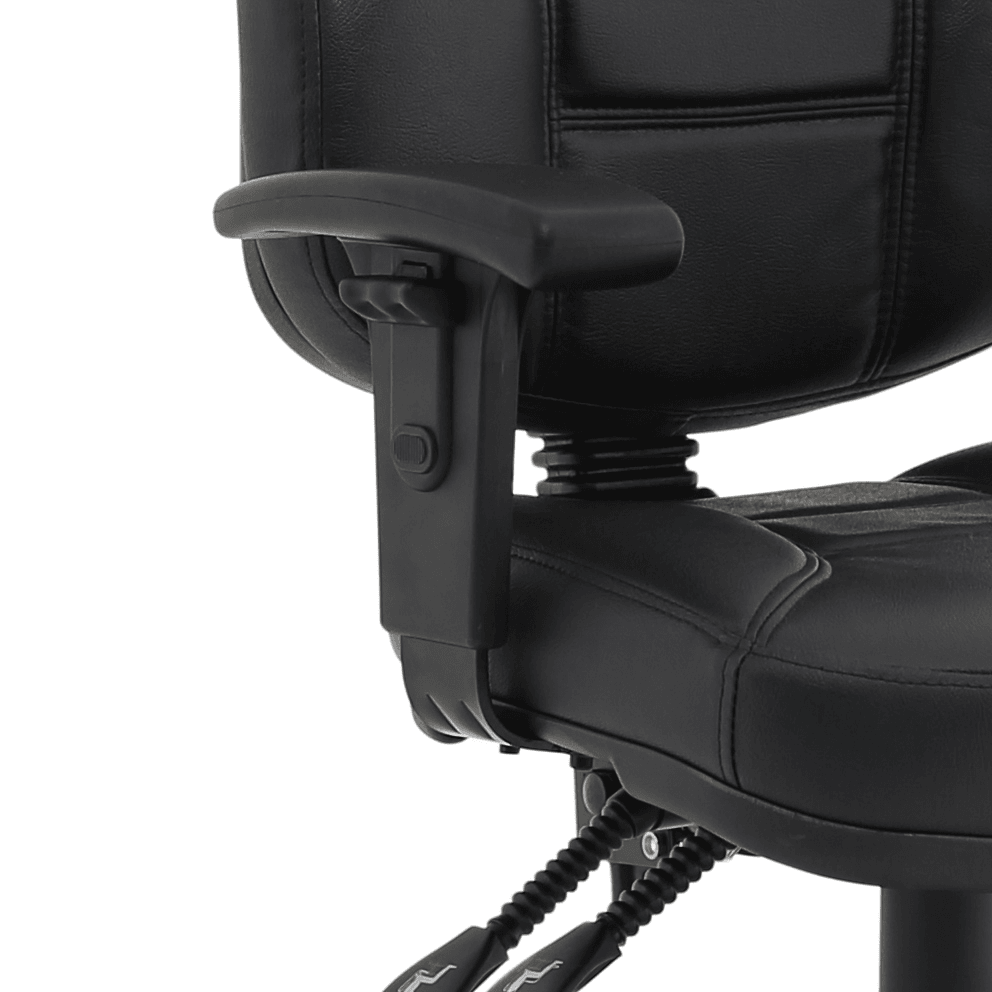 Showing close up of height adjustable  armrest with button under the arm pad.