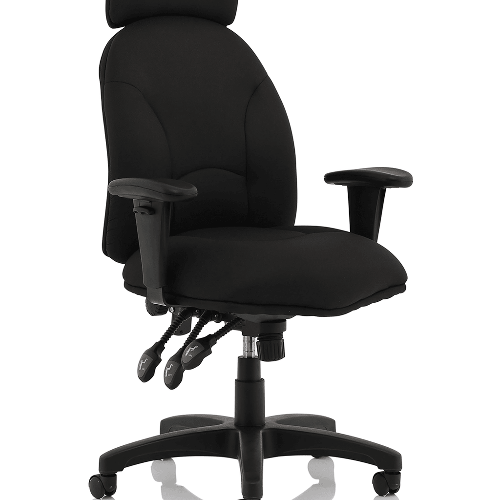 Showing the jet executive chair in black fabric with contoured padded waterfall front ,cushioned dish seat design for added comfort. with triple lever and 5 star base.