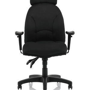 Front view of the jet executive black fabric home office chair with padded waterfall front with cushioned dish design seat , with adjustable armrests and 5 star base