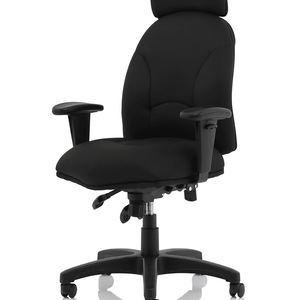 Side view of the jet executive black fabric home office chair.with triple levers and 5 star base.