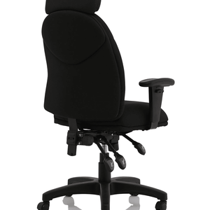 Right angle view of the jet executive black fabric home office chair with armrest ,triple levers and 5 star base.