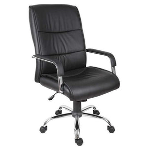 kendal faux leather home office chair 45 degree angle. black faux leather deep cushions, padded armrests and chrome armrests with matching 5 star base , seat height adjustment, rated 150kg with up to 8 hours useage a day.