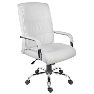 kendal faux leather home office chair. 45 degree angle in white faux leather with padded chrome padded armrests.