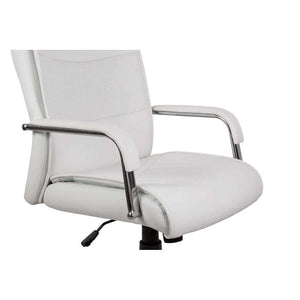 kendal faux leather home office chair, in white faux leather, side view showing adjustment lever.