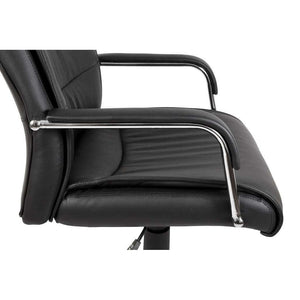 kendal  black faux leather home office chair. side view of the padded chrome armrest.