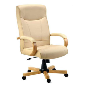 kinghtbridge cream bonded leather executive home office chair, 45 degree angle showing cream leather padded armrests with light oak arms, with matching 5 star base, soft seat cushions, upto 8 hours of use a day rated 115kg.