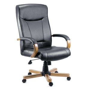 kingston black leather executive light oak effect home office chairside view of this black leather chair with padded armrest light oak coloured armsand matching 5 star base. rated 115kg, 8 hours use a day.