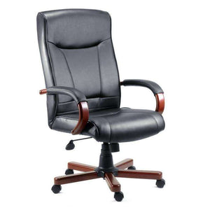 kingston black leather executive mahogany effect home office chair ,showing side view. with adjustable lever.