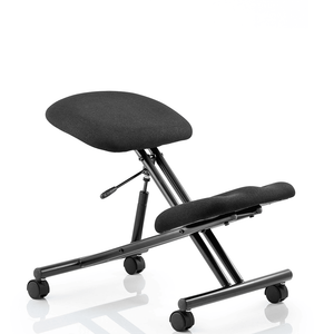 Showing the kneeling stool in black fabric with gas lift lever , and comes with castor wheels for easy moving around.