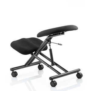 SIde view of the black fabric kneeling stool with front view of the gas lift lever and  durable frame.castor wheels,