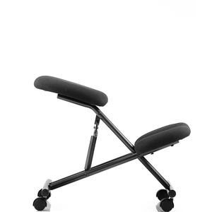 Side view of the robust frame kneeling stool with cushioned pads for comfort and castor wheels for easy moving around your home office. and black robust frame.