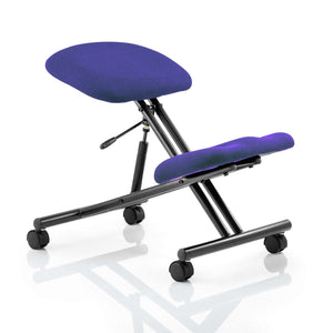 Showing the Tansy Purple coloured cushioned pads of the kneeling  stool black frame and castor wheels.