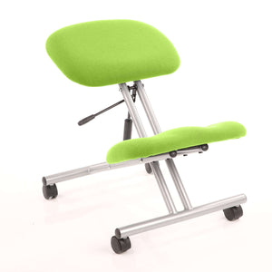 Showing the myrrh green coloured fabric cushioned pads with silver frame with black castor wheels.