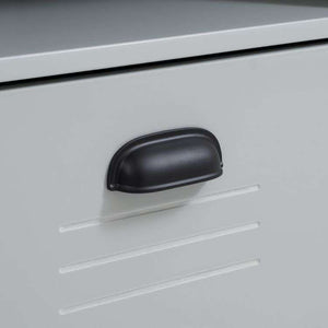 Close up of the black handle of the drawer of the laker locker industrial retro home office  desk.