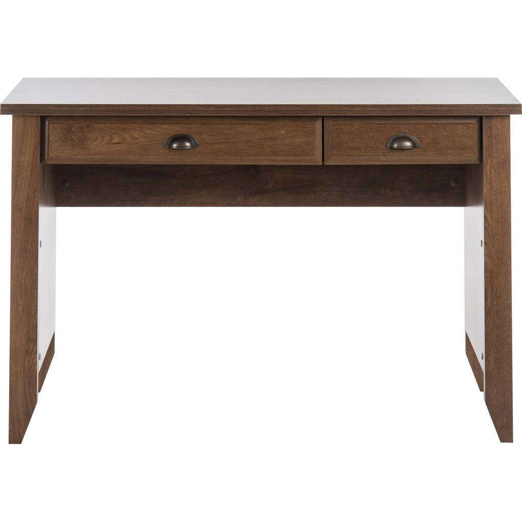 laptop desk oiled oak effect laptop home office study desk front viewing of the desk  has silver effect handles.