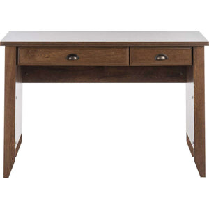 laptop desk oiled oak effect laptop home office study desk front viewing of the desk  has silver effect handles.