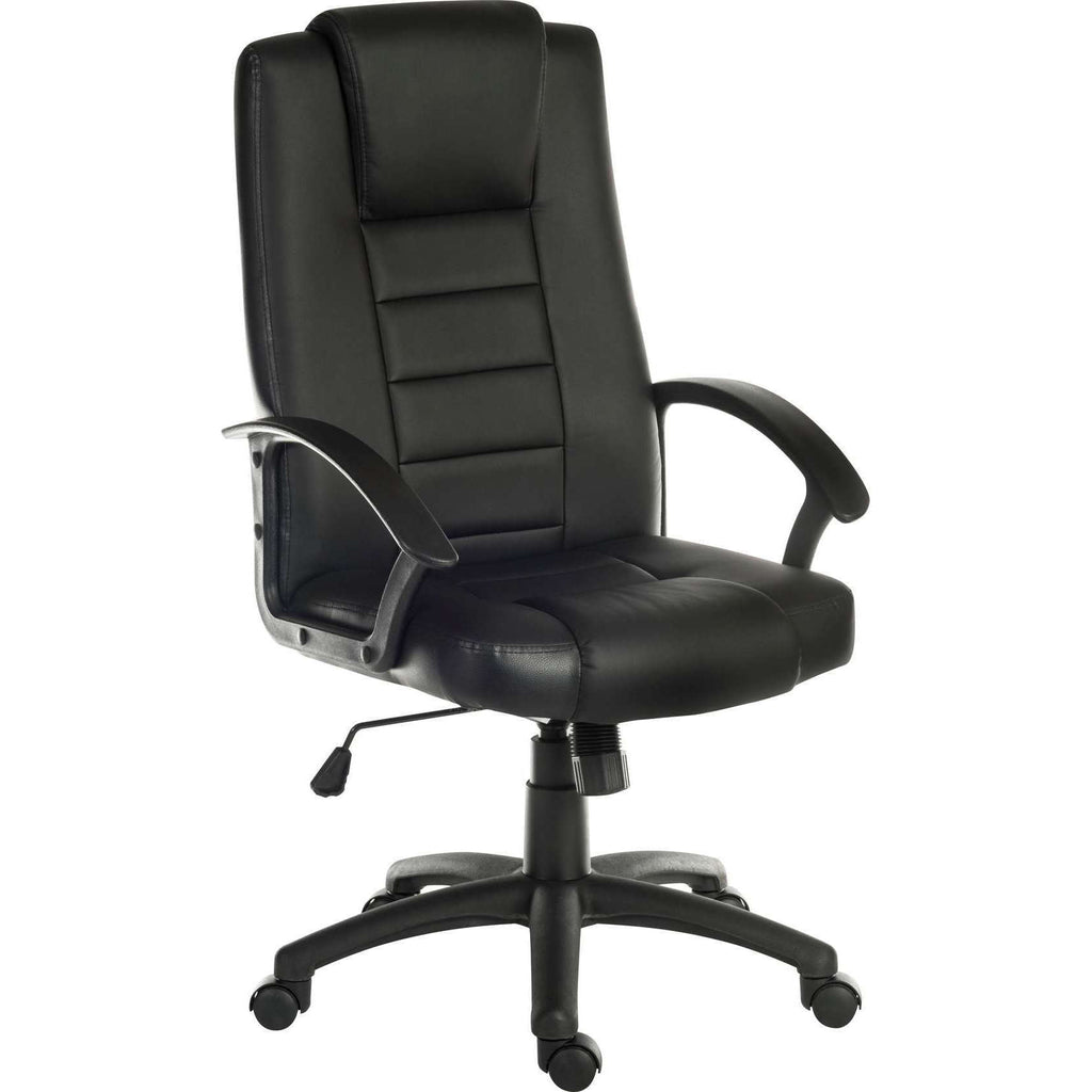 leader executive bonded black leather faced home office chair. close up side view of the padded headrest  and padded seat and  matching armrests, with a sturdy nylon five star base.