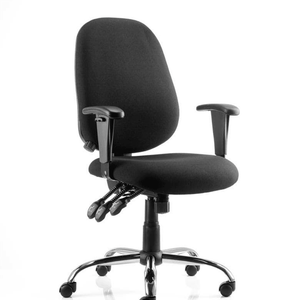 Showing the lisbon operator chair in black fabric   with triple lever and chrome 5 star base.