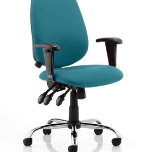 Showing the Maringa teal coloured cushioned fabric on the backrest and seat .