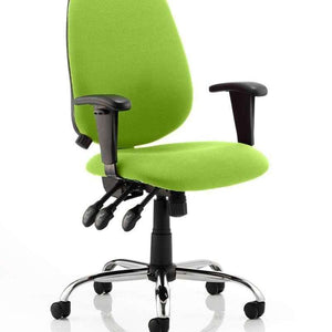 Showing the lisbon operator chair in the myrrh green colured cushioned fabric .