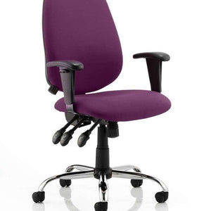 Side view of the Tansy Purple coloured fabric cushioned lisbon operator chair,