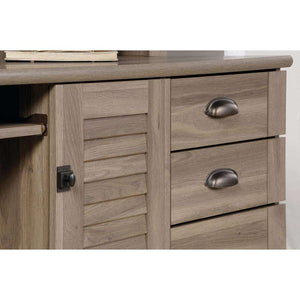 louvre hutch salt oak finish home office desk close up of the drawers.