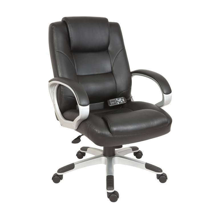 lumbar massage black faux leather executive home office chair, mains operated padded upholstery padded arms in gunmetal and matching capped base. 8 hours use a day, rated 115kg.