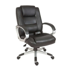 lumbar massage black faux leather executive home office chair, mains operated padded upholstery padded arms in gunmetal and matching capped base. 8 hours use a day, rated 115kg.