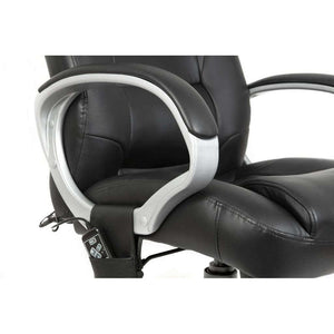 lumbar massage black faux  leather executive home office chair. close up side view of padded arms in gun metal,