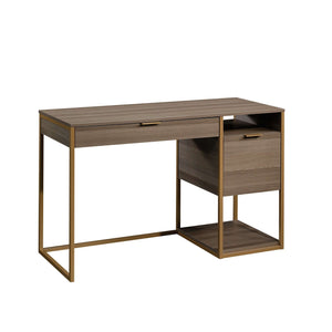 lux diamond ash finish retro style home office desk. side view of desk with light brown durable powder coated metal frame.