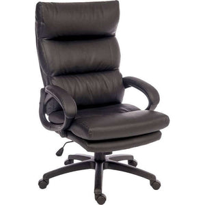 luxe black leather look executive home office chair. close up front view ,backrest and seat cushions are deep filled for added style and comfort and matching padded arm rests. 8 hours use a day, rated 110 kg.