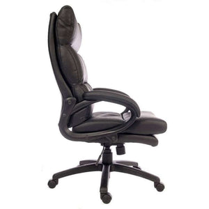 luxe black leather look executive home office chair. close up side view.