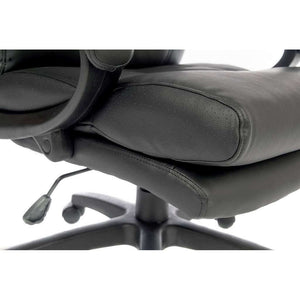 luxe black leather look executive home  office chair. close up of the adjustment leaver for seat adjustment.