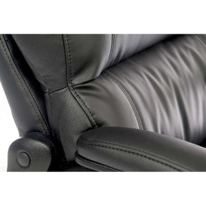 luxe black leather look executive home office chair. close up of side view padded leather seat.