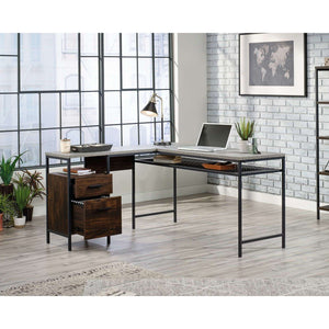 market l shaped rich walnut finish and slate grey accents home office desk. front pictuire of how this l shaped desk would look like in your home office.