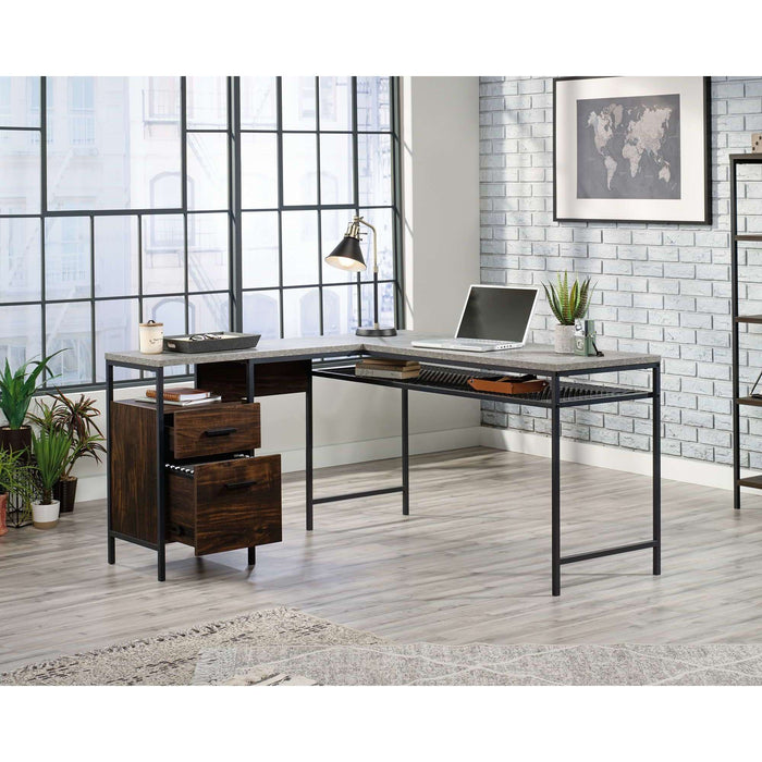 Market L-Shaped Rich Walnut Finish and Slate Grey Accents Home Office Desk