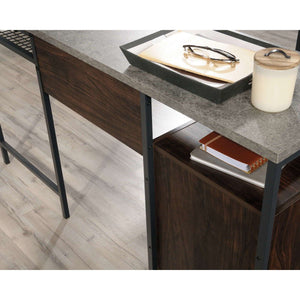 marketl shaped rich walnut finish and slate grey accents home office desk. close up of the  desk with grey slate top and rich walnut drawer and durable coated metal frame.