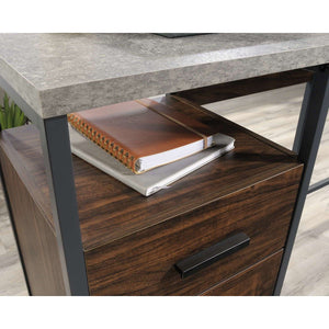 market  l shaped rich walnut finish and slate grey accents home office desk. close up the rich walnut draw with shelving.