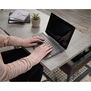 market lift up coffee / work table rich walnut finish from home office, close of how this coffee come desk would be used as  a home office desk.