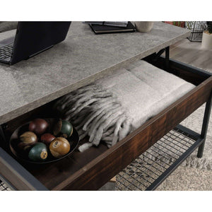 market lift up coffee / work table rich walnut finish. close up of the hiden storage to stash away miscellany household items. with wire mesh shelf underneath.